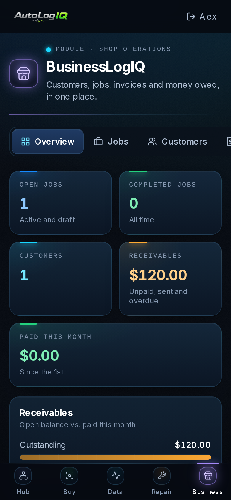 BusinessLogIQ in a phone browser (sample data)
