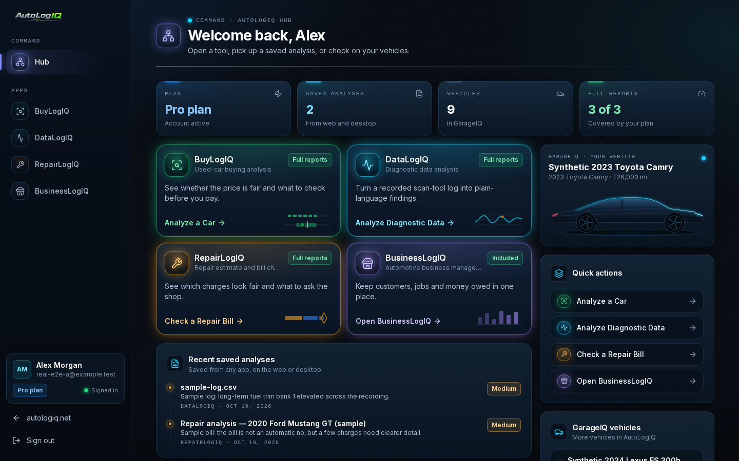 The AutoLogIQ Hub in a desktop browser (sample data)